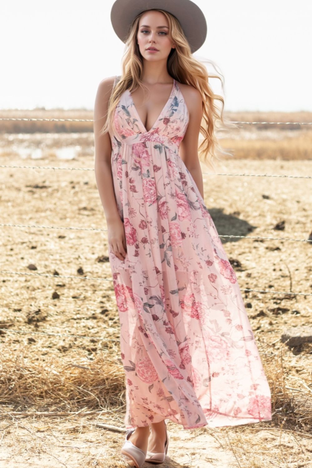 Floral Pleated Deep V Backless Maxi Dress - The Goddess Galleries