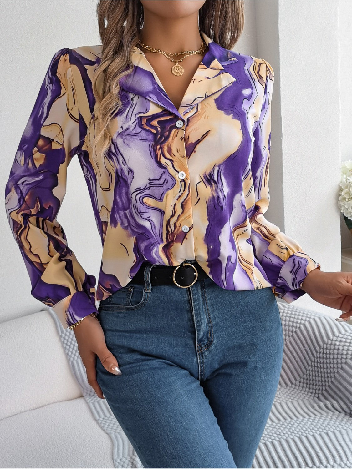 Printed Button Up Long Sleeve Shirt - The Goddess Galleries