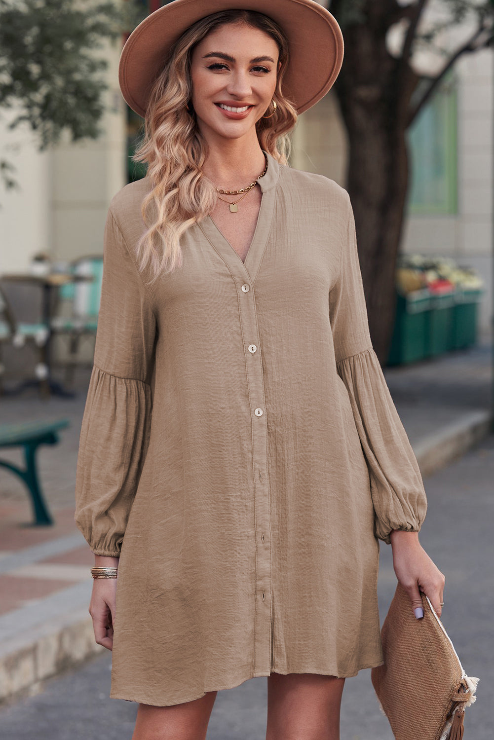 Notched Button Up Balloon Sleeve Longline Top - The Goddess Galleries
