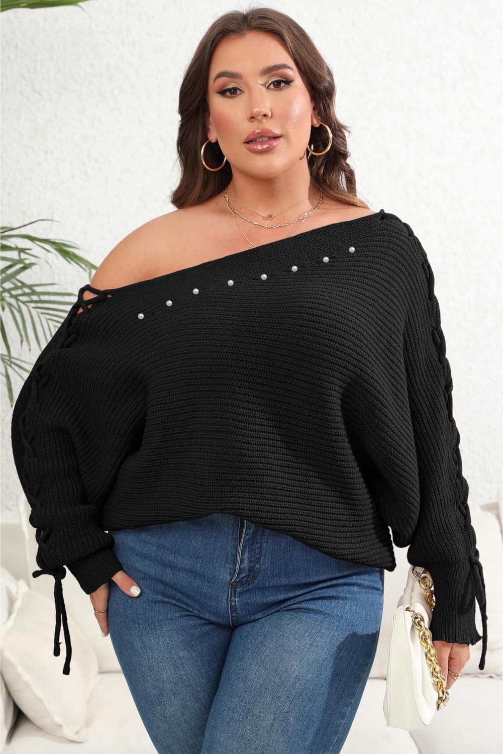 Plus Size One Shoulder Beaded Sweater - The Goddess Galleries