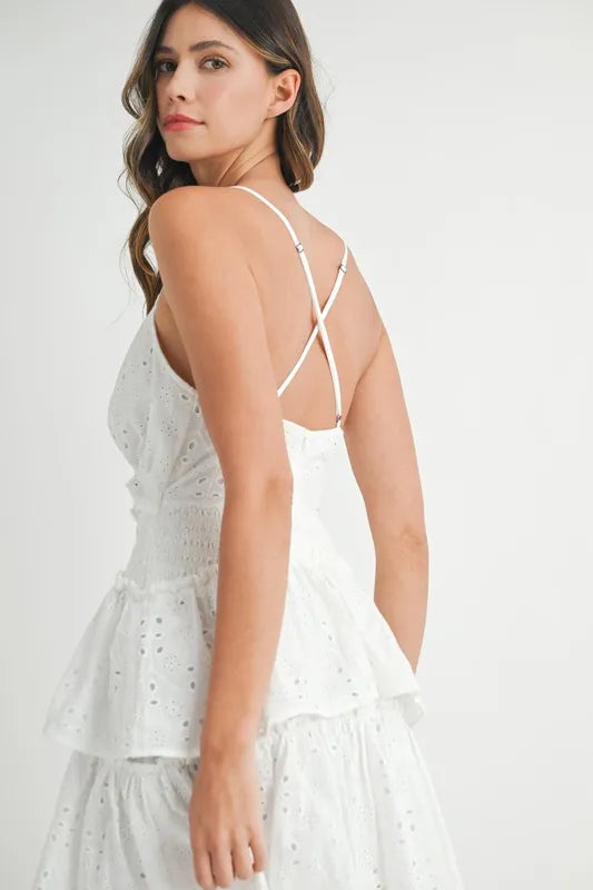 MABLE Lace Eyelet Ruffle Mini Dress With Front Cutout - The Goddess Galleries