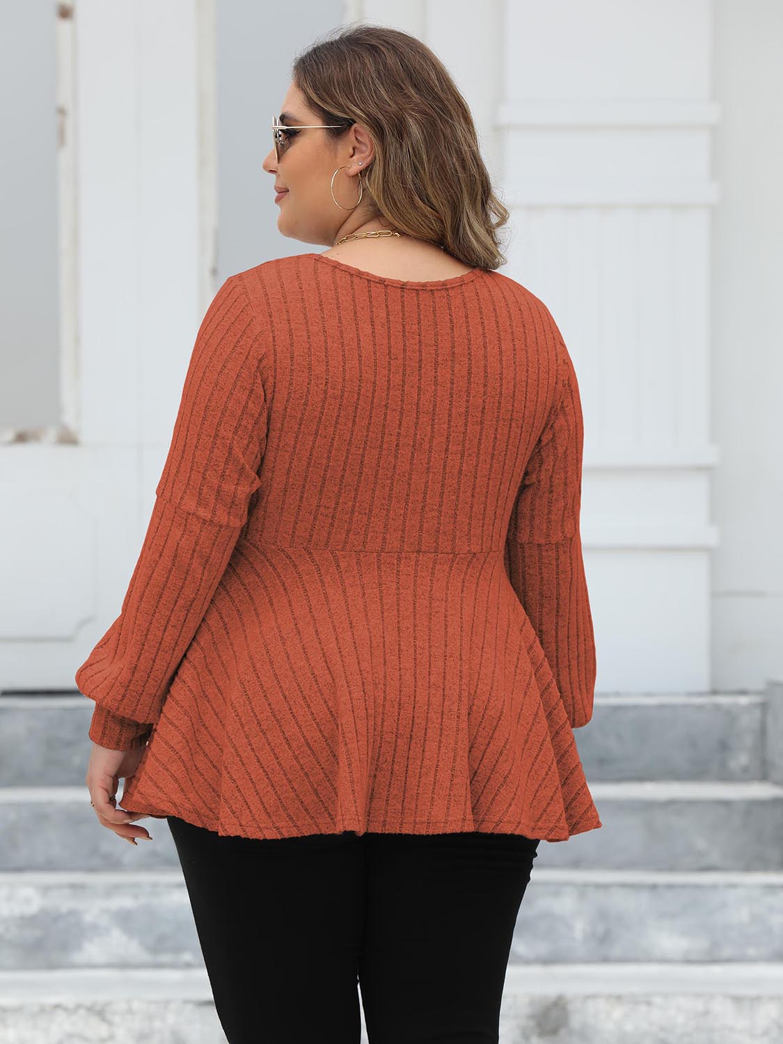 Plus Size Ribbed V-Neck Long Sleeve Blouse - The Goddess Galleries