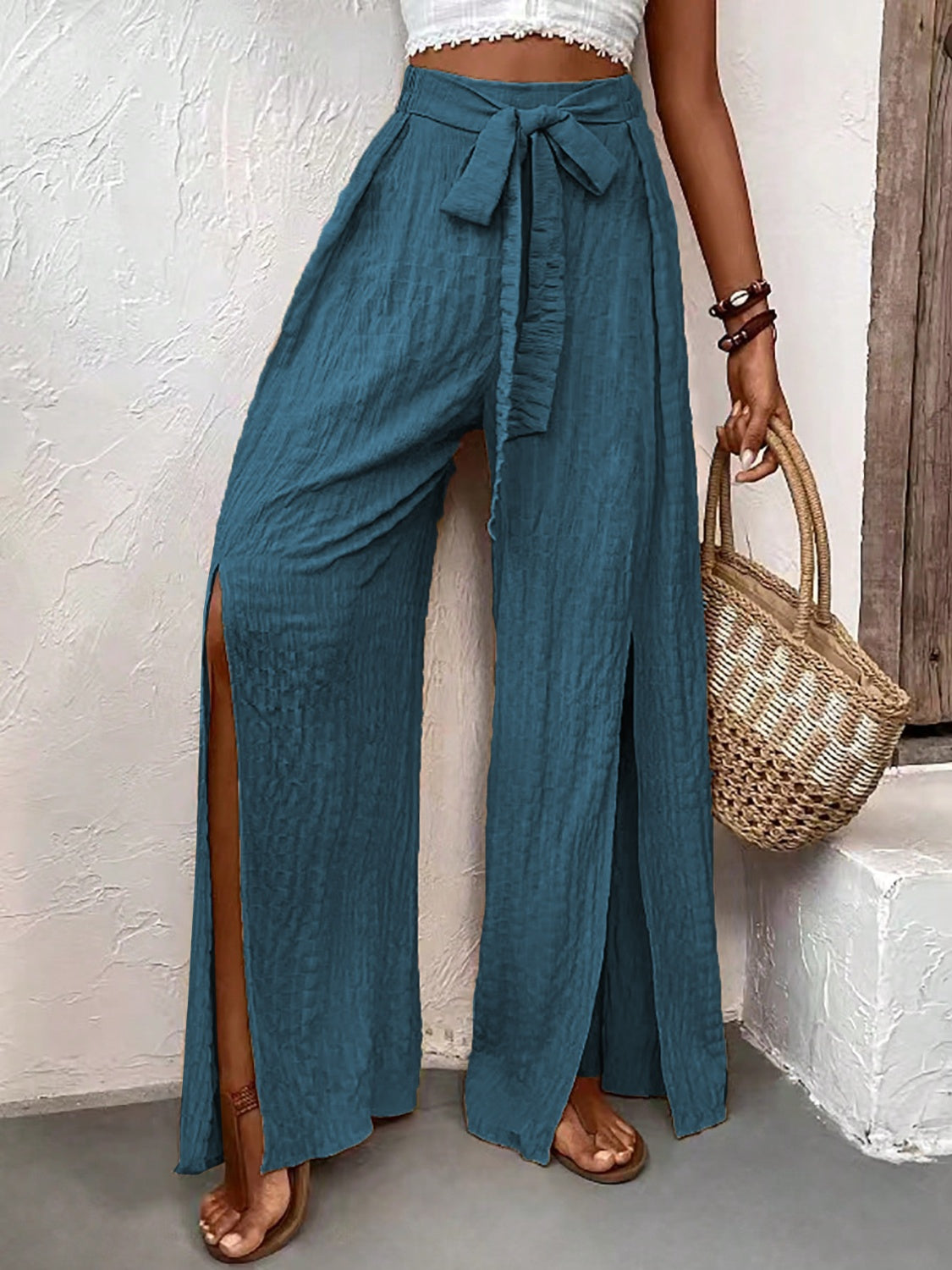 Honey Tied Slit Wide Leg Pants - The Goddess Galleries