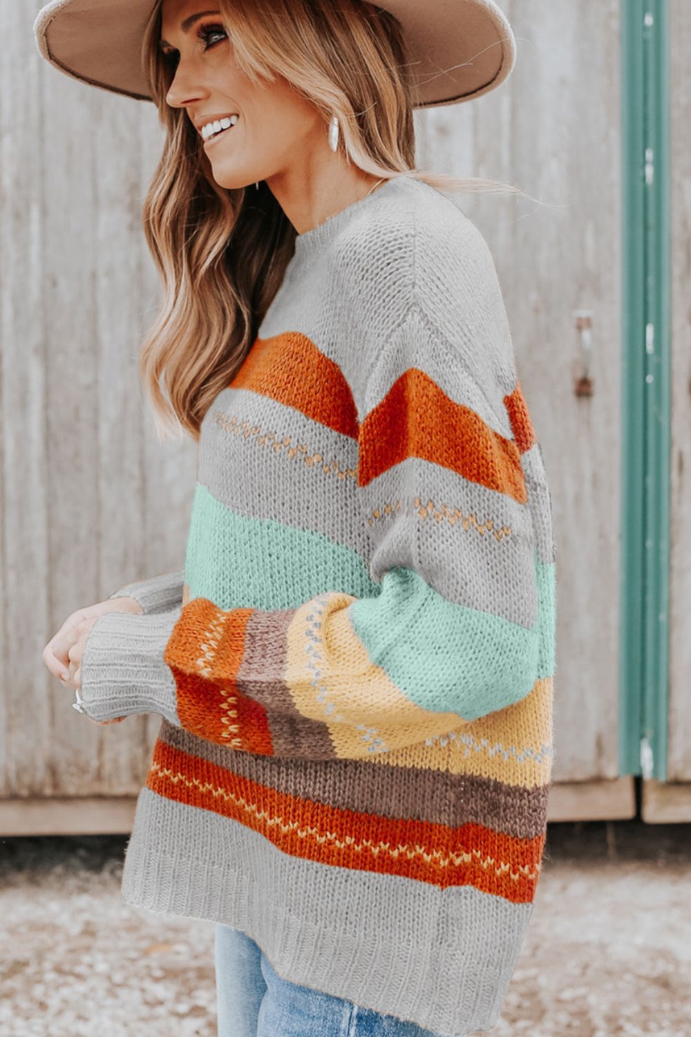 Color Block Round Neck Dropped Shoulder Sweater - The Goddess Galleries