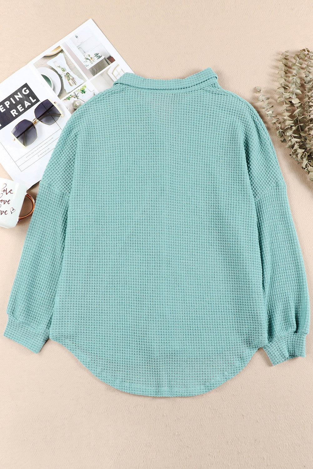Waffle-Knit Collared Neck Long Sleeve Shirt - The Goddess Galleries