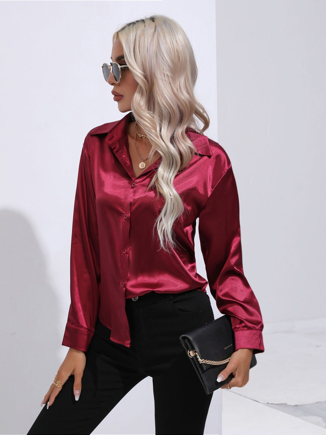 Collared Neck Buttoned Long Sleeve Shirt - The Goddess Galleries