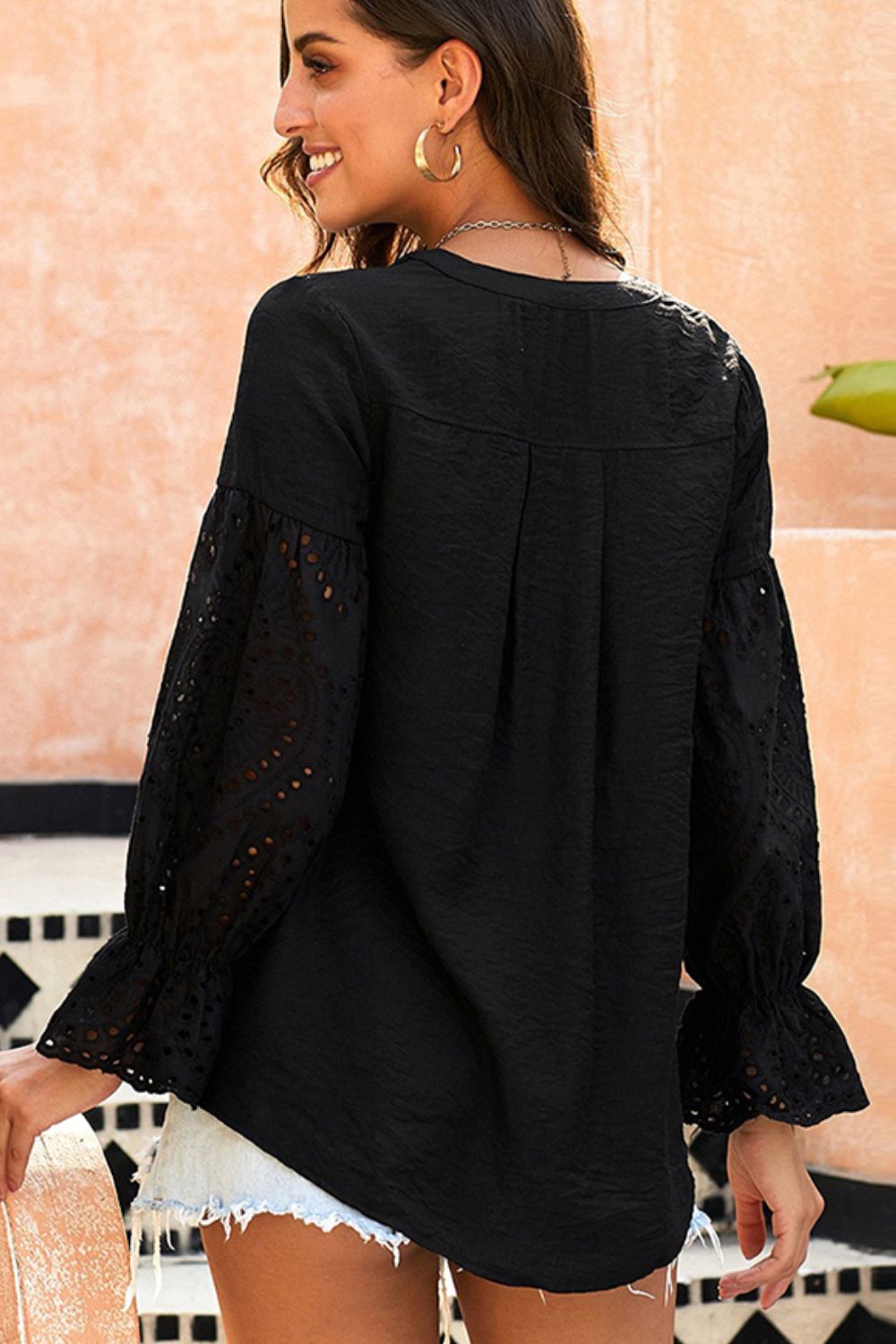 Shiny Crochet Flounce Sleeve Button Up Blouse - The Goddess Galleries