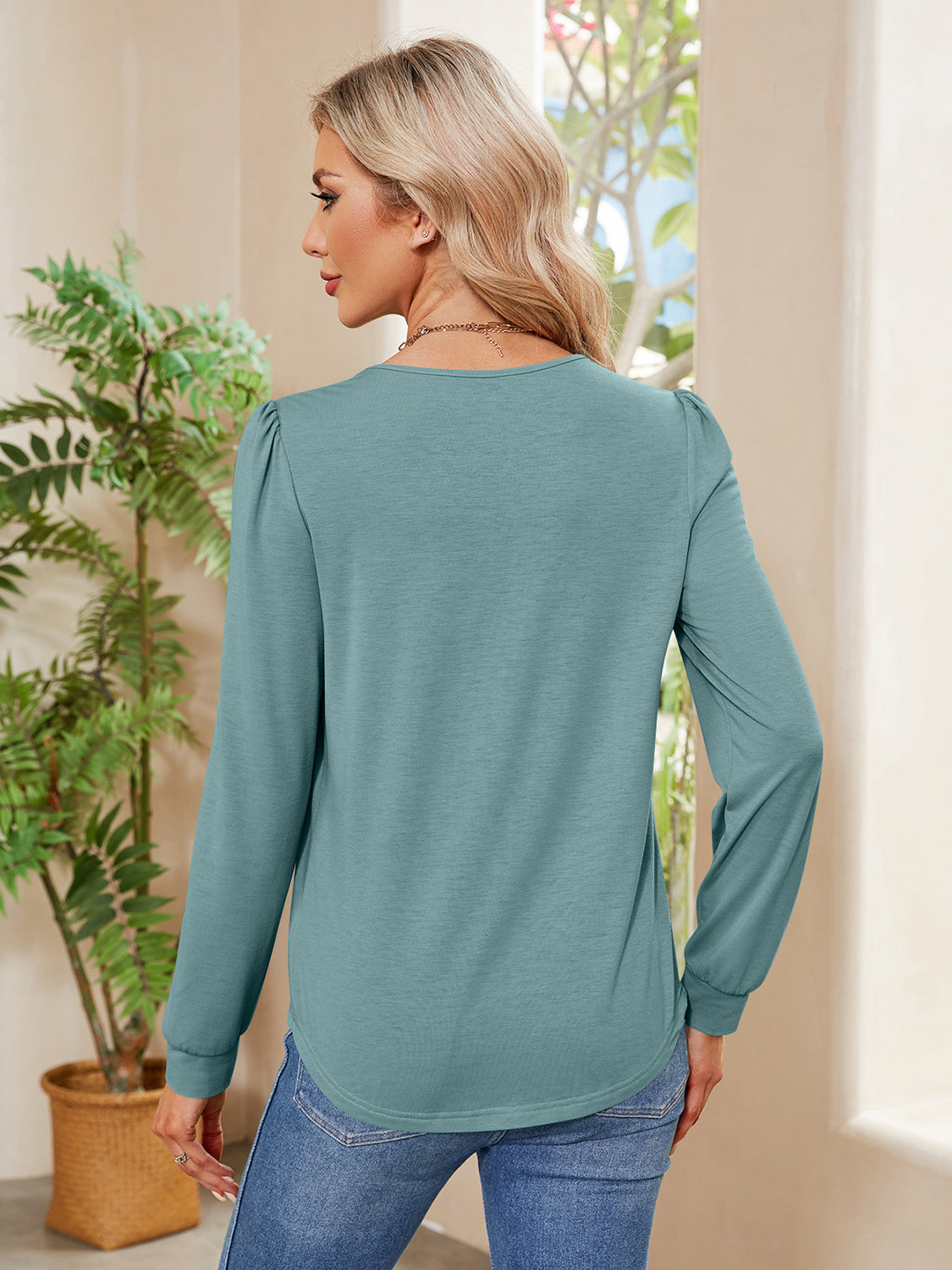 Ruched Round Neck Long Sleeve Blouse - The Goddess Galleries