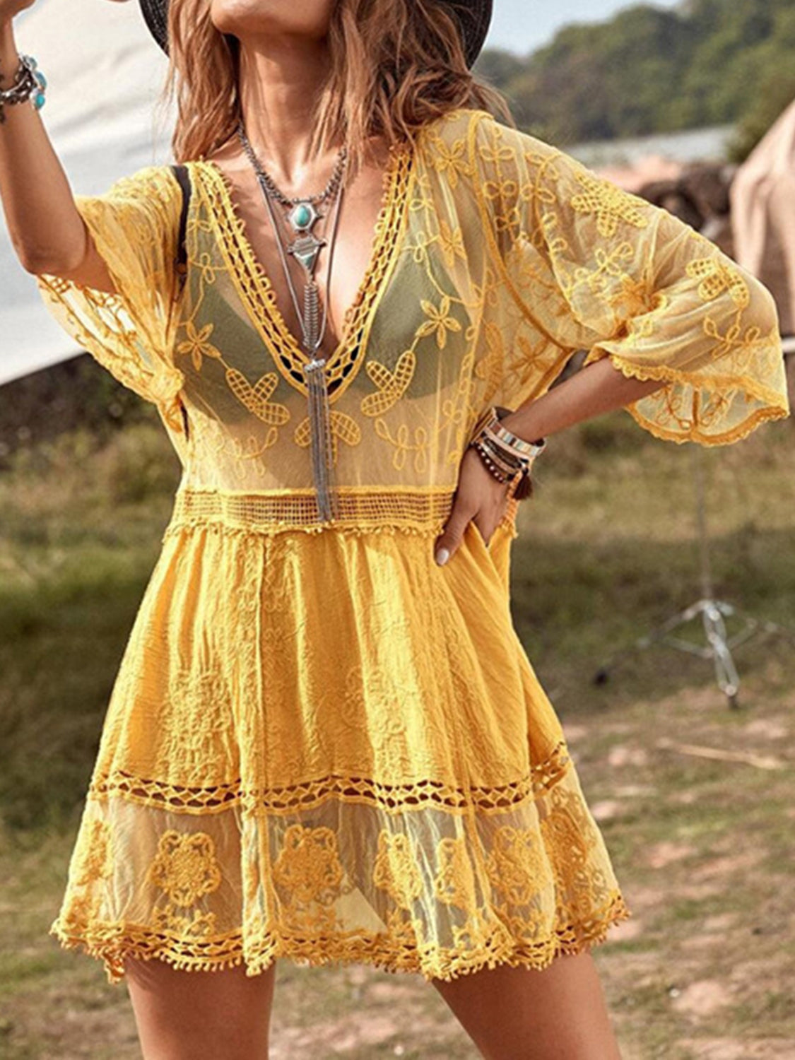 Lace Detail Plunge Cover-Up Dress - The Goddess Galleries