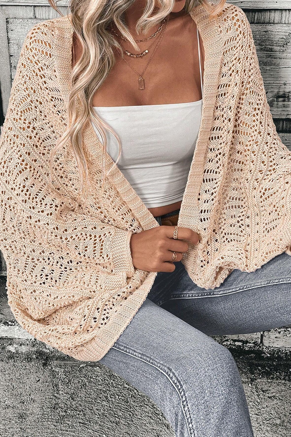 Openwork Open Front Long Sleeve Cardigan - The Goddess Galleries