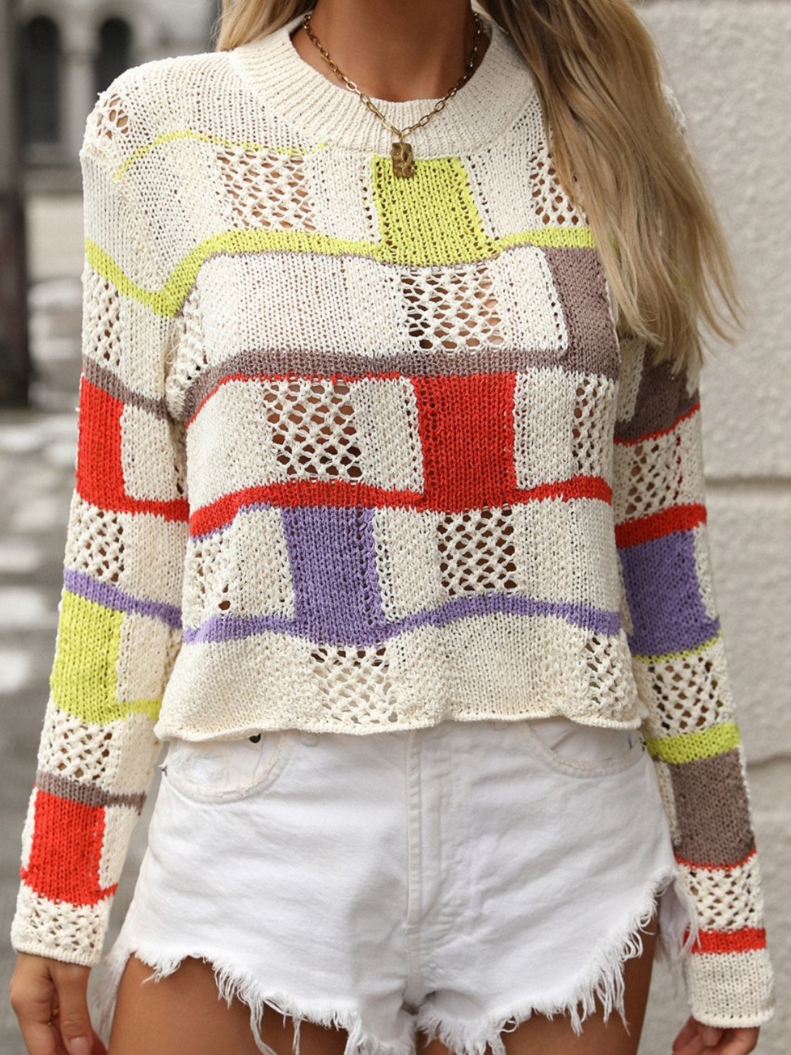 Openwork Color Block Round Neck Sweater - The Goddess Galleries