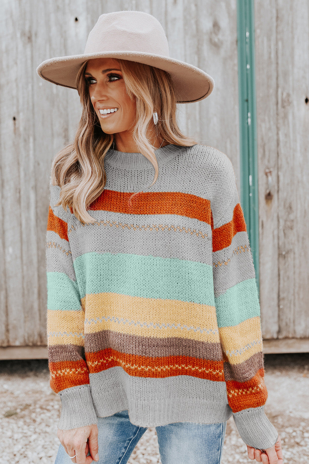 Color Block Round Neck Dropped Shoulder Sweater - The Goddess Galleries