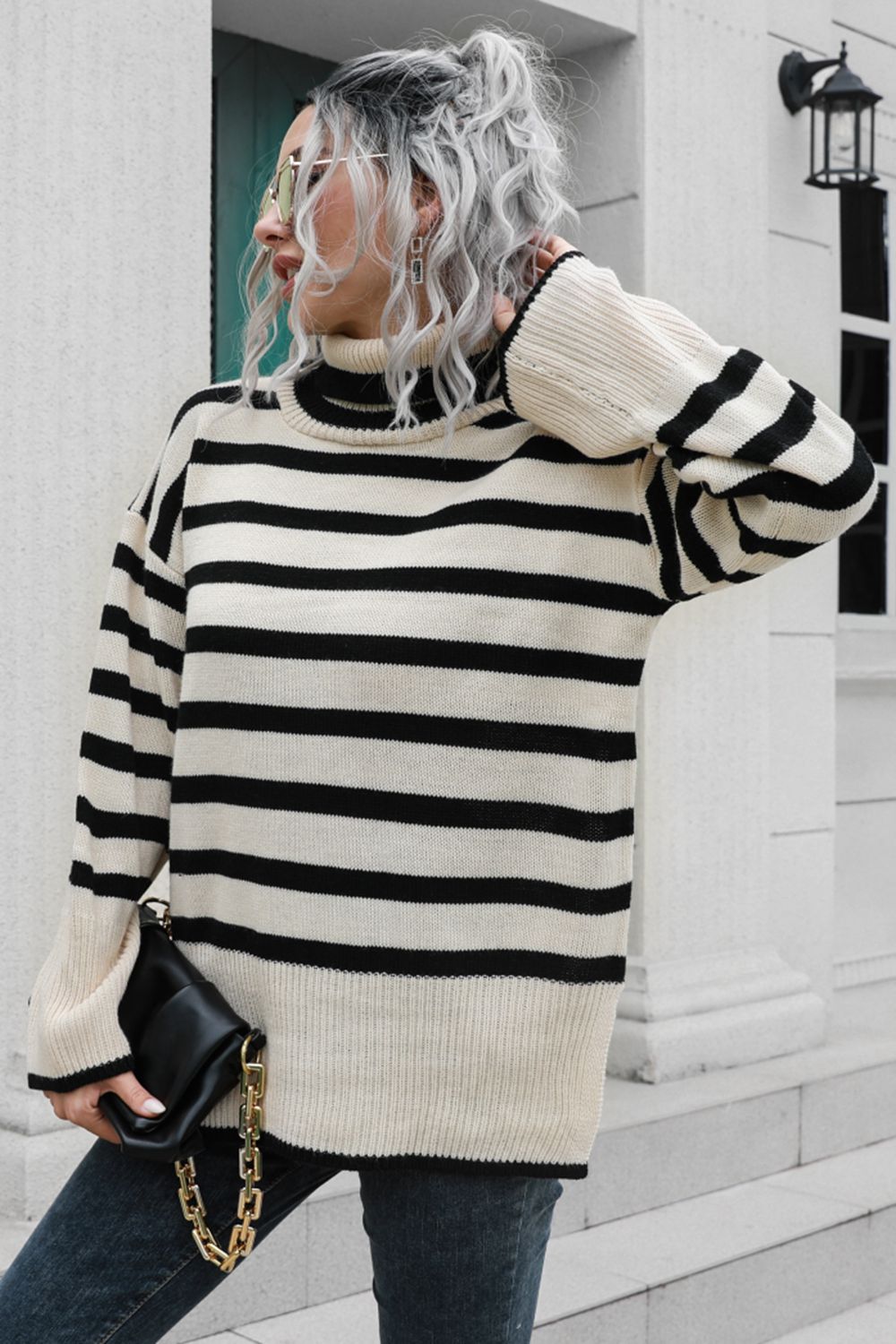 Striped Turtleneck Drop Shoulder Sweater - The Goddess Galleries