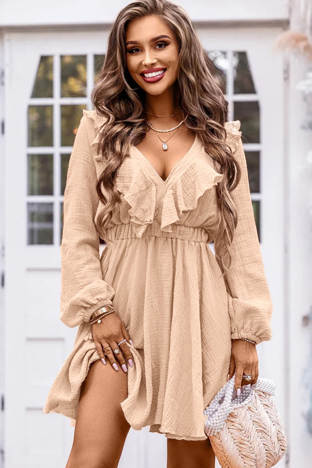 Ruffle Trim V-Neck Long Sleeve Mini Dress - The Goddess Galleries