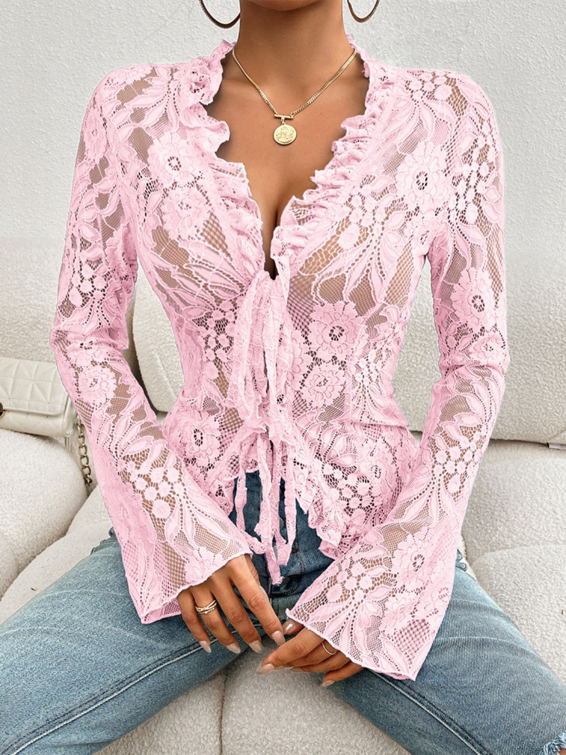 Tied V-Neck Long Sleeve Lace Top - The Goddess Galleries
