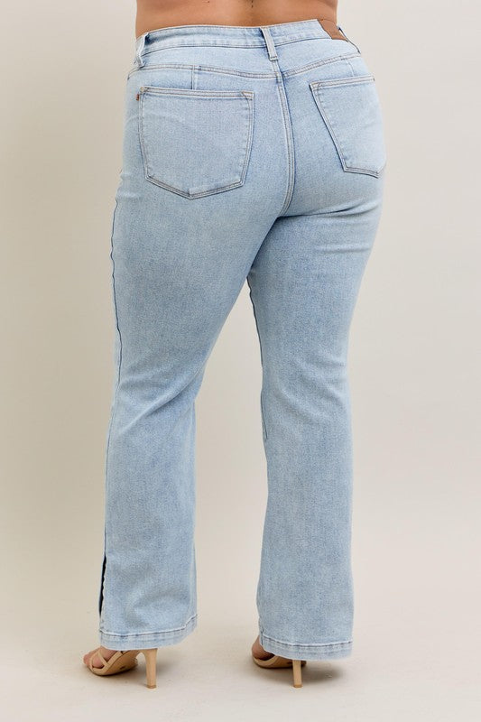 Judy Blue Full Size Tummy Control Vintage Wash Side Slit Slim Boot Jeans Plus Size - The Goddess Galleries