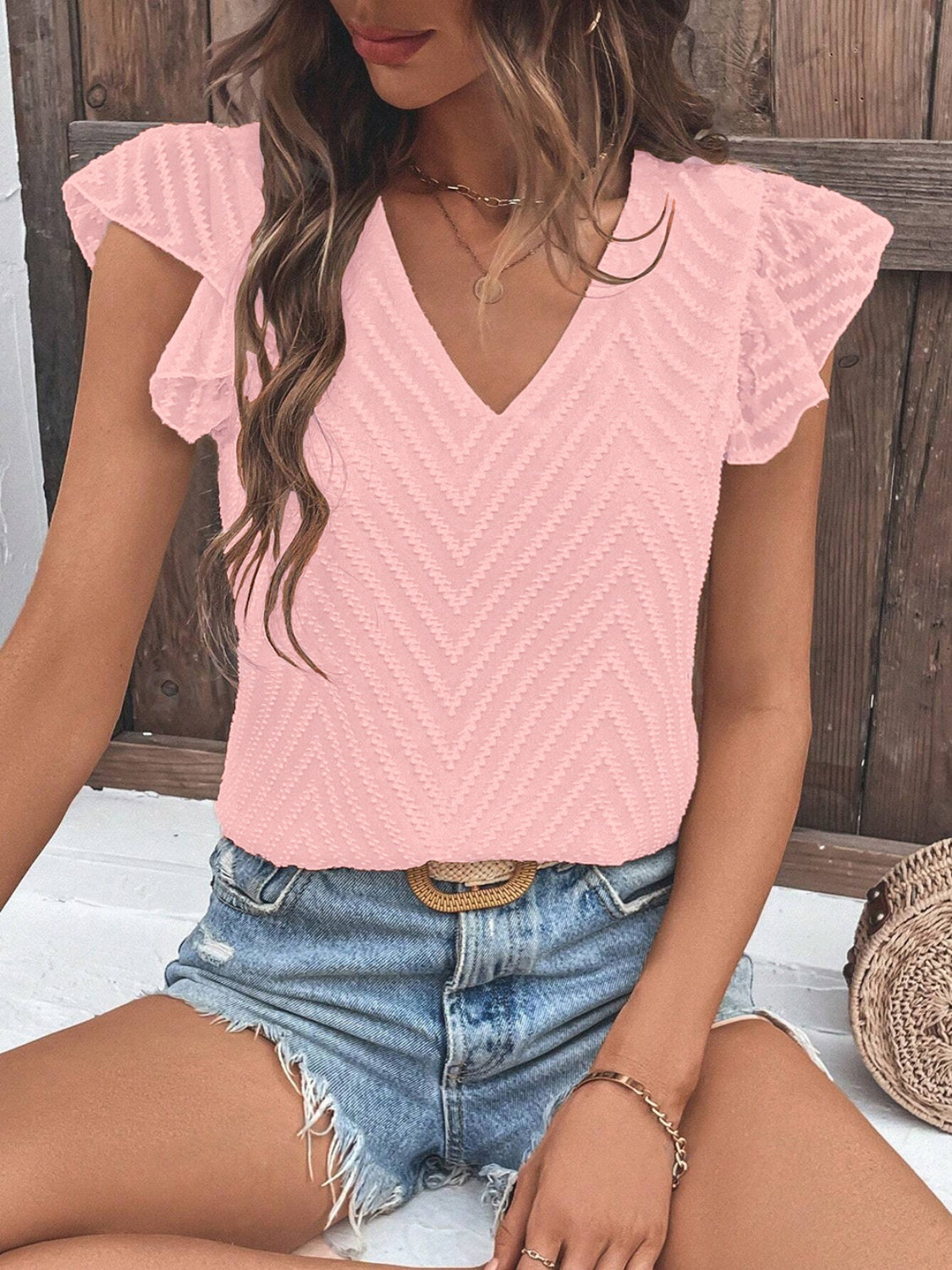 Textured V-Neck Cap Sleeve Blouse - The Goddess Galleries