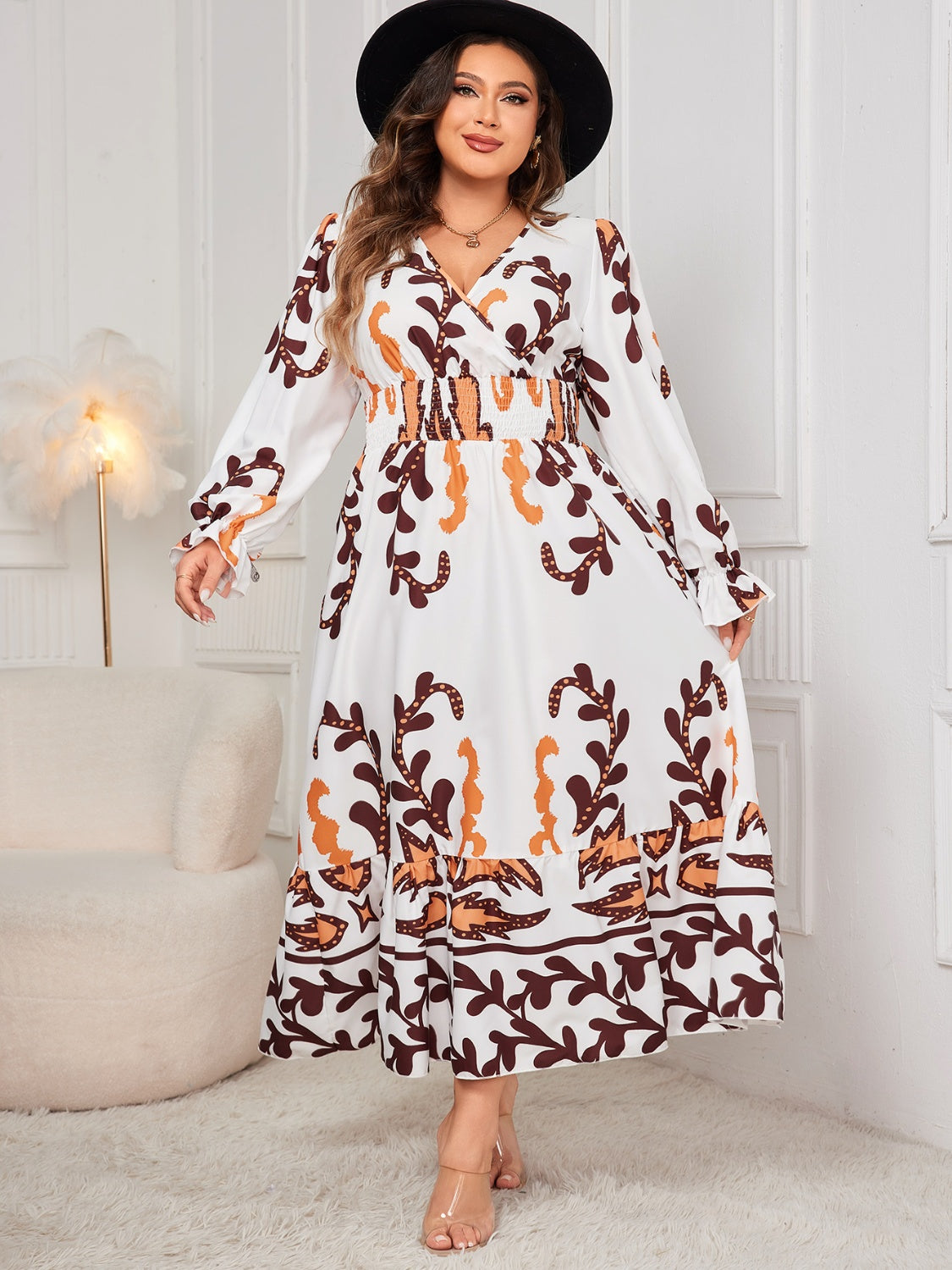 Honey Plus Size Printed Surplice Flounce Sleeve Dress - The Goddess Galleries