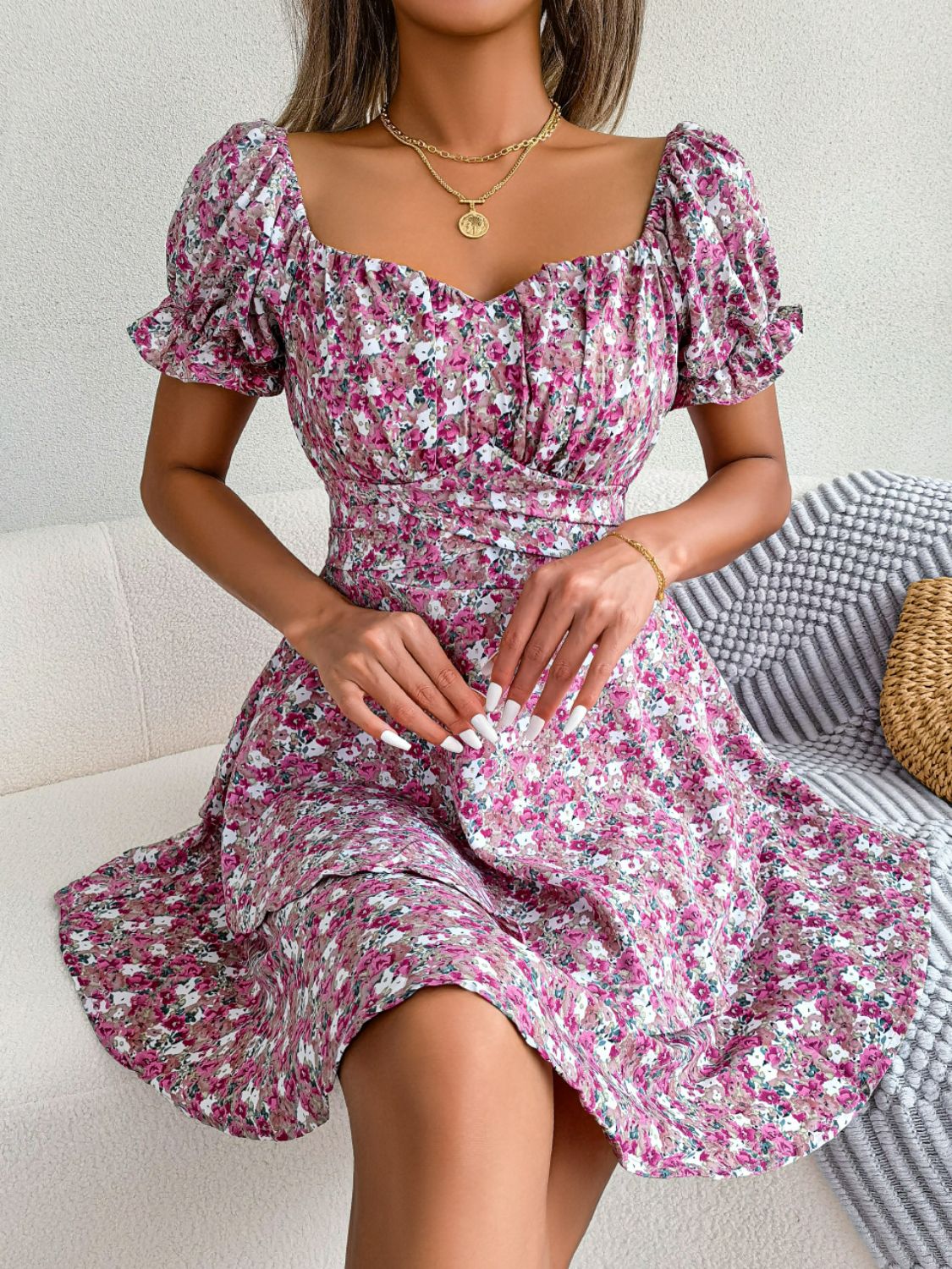 Floral Sweetheart Neck Flounce Sleeve Mini Dress - The Goddess Galleries