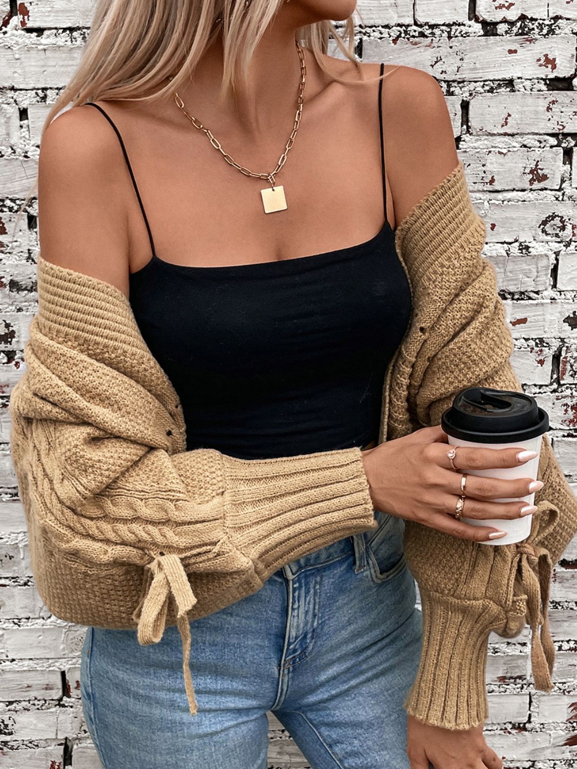 Cable-Knit Tied Open Front Lantern Sleeve Cardigan - The Goddess Galleries