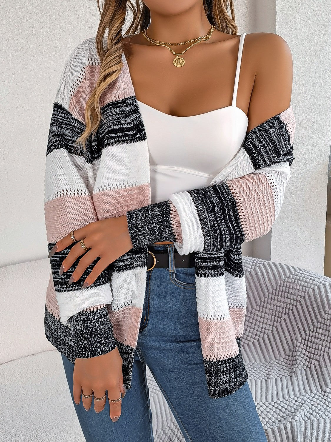 Openwork Striped Open Front Cardigan - The Goddess Galleries