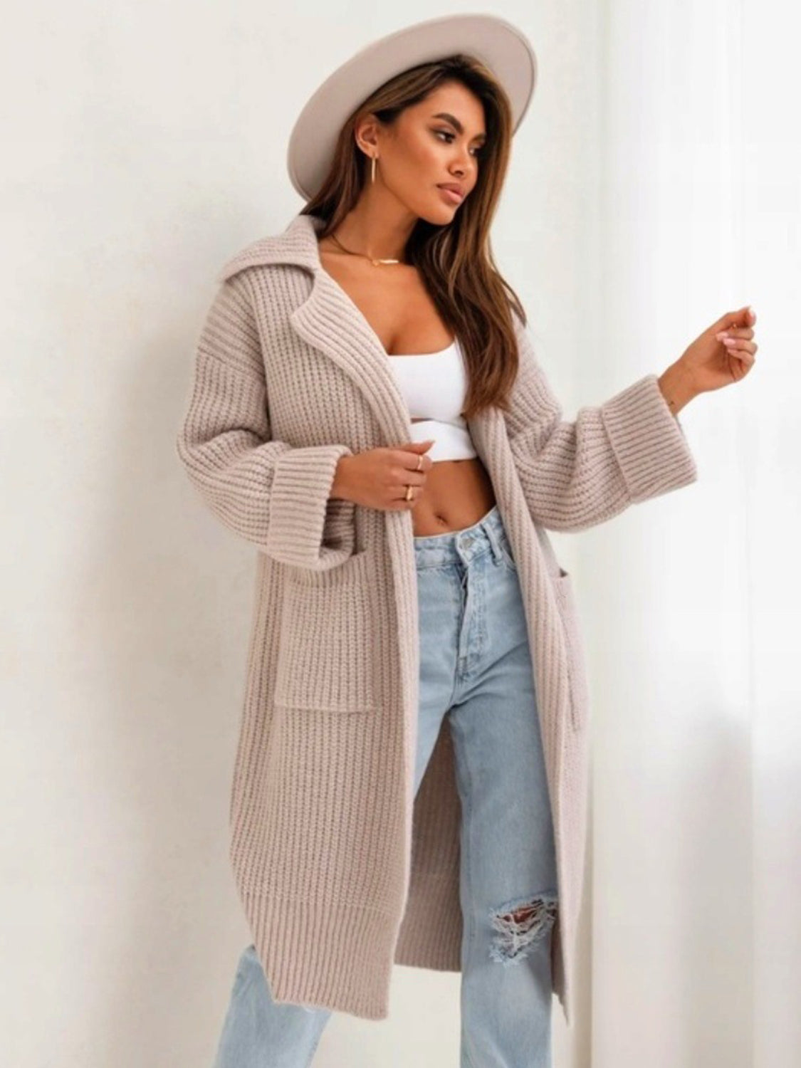 Pocketed Collared Neck Dropped Shoulder Cardigan - The Goddess Galleries