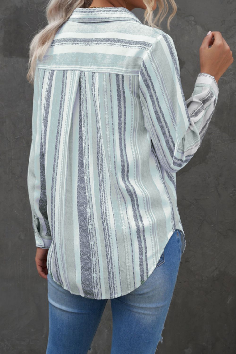 Striped Collared Neck Long Sleeve Shirt - The Goddess Galleries