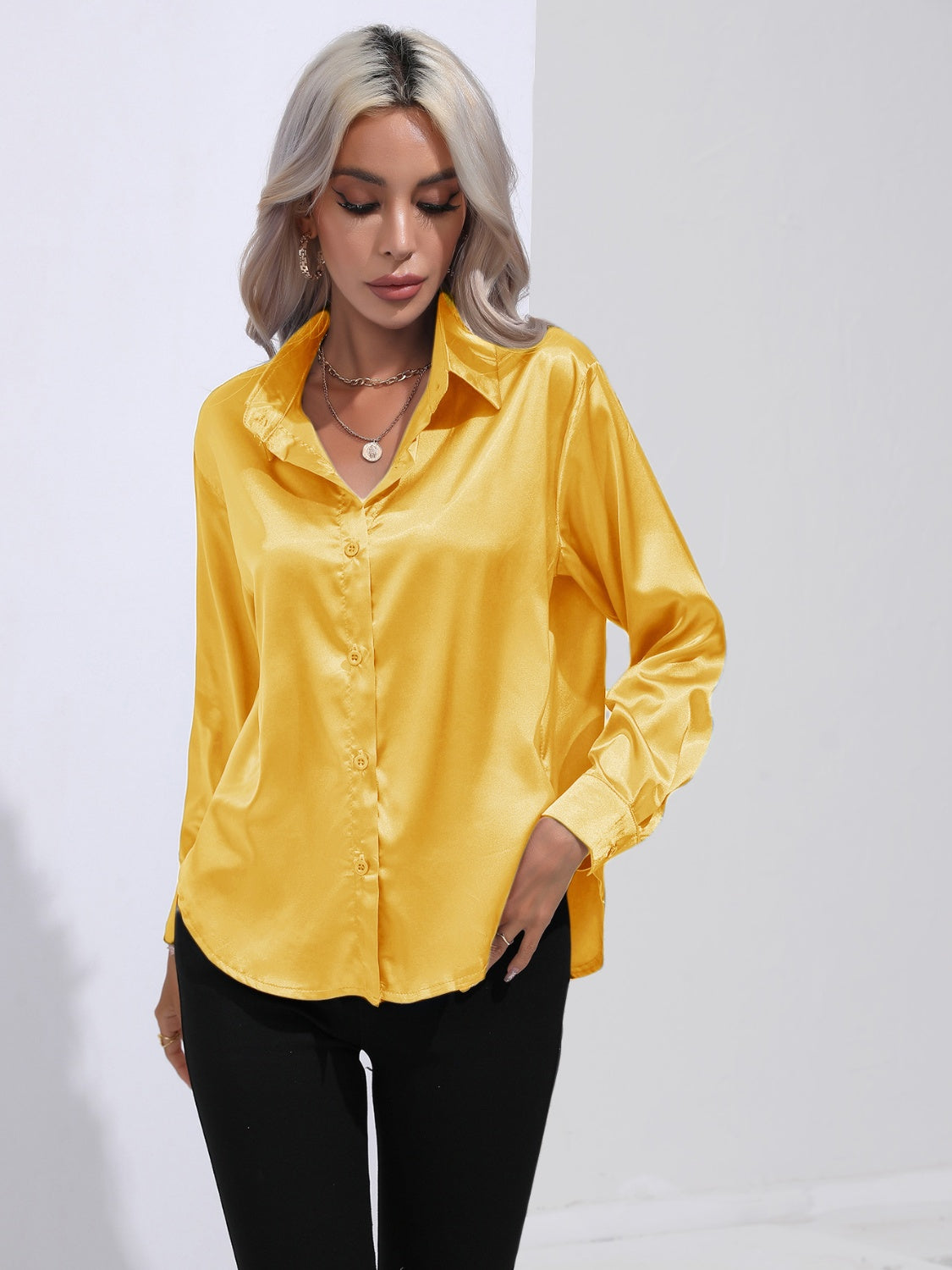 Collared Neck Buttoned Long Sleeve Shirt - The Goddess Galleries