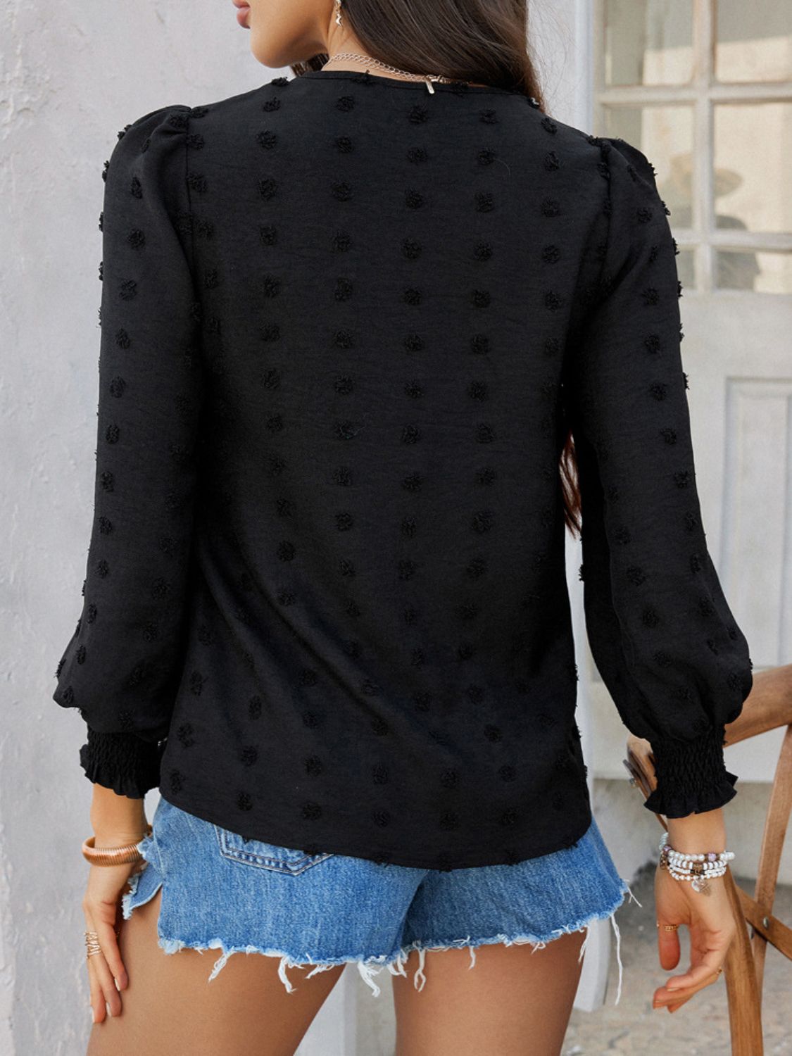 Devine Swiss Dot Lace Detail V-Neck Long Sleeve Blouse - The Goddess Galleries