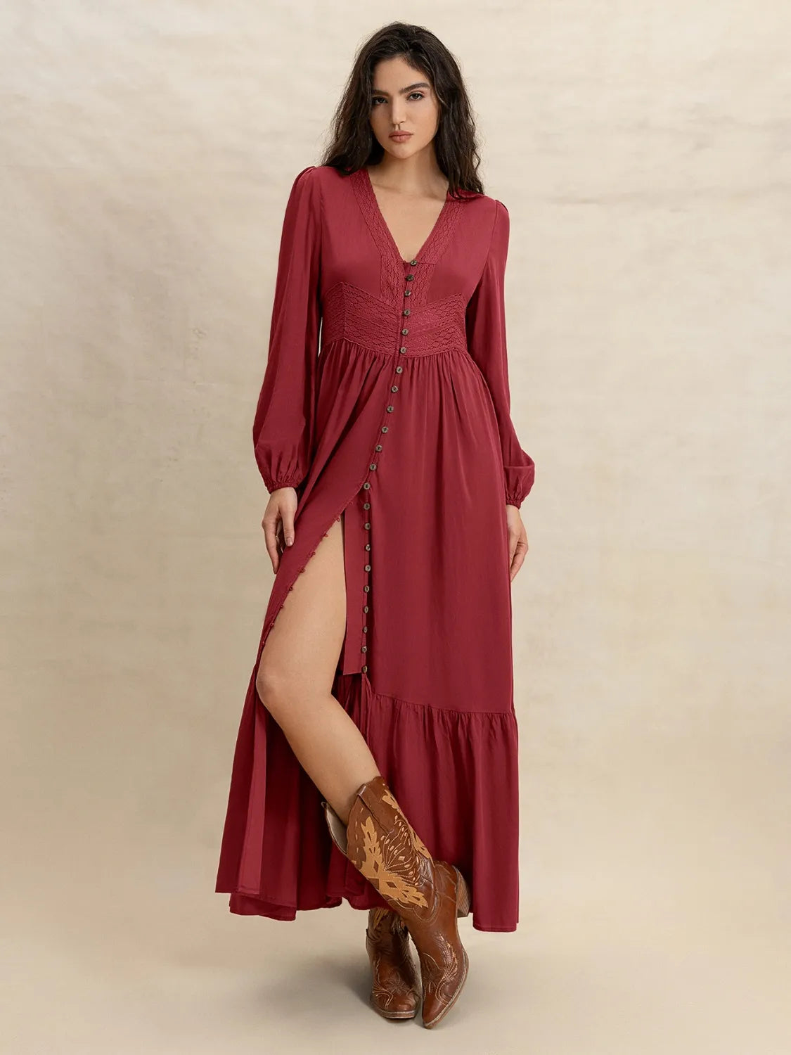 V-Neck Balloon Sleeve Ruffled Hem Maxi Dress - The Goddess Galleries
