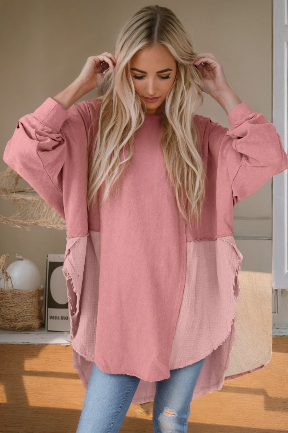 Contrast Texture Round Neck Long Sleeve Blouse - The Goddess Galleries