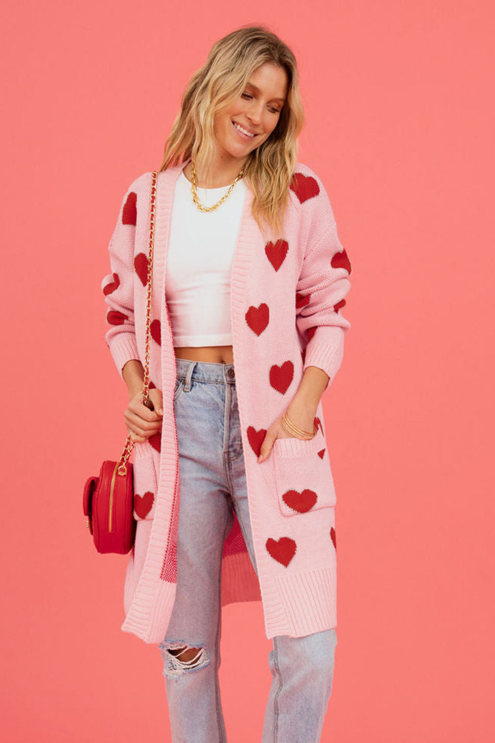 Heart Graphic Open Front Cardigan with Pockets - The Goddess Galleries