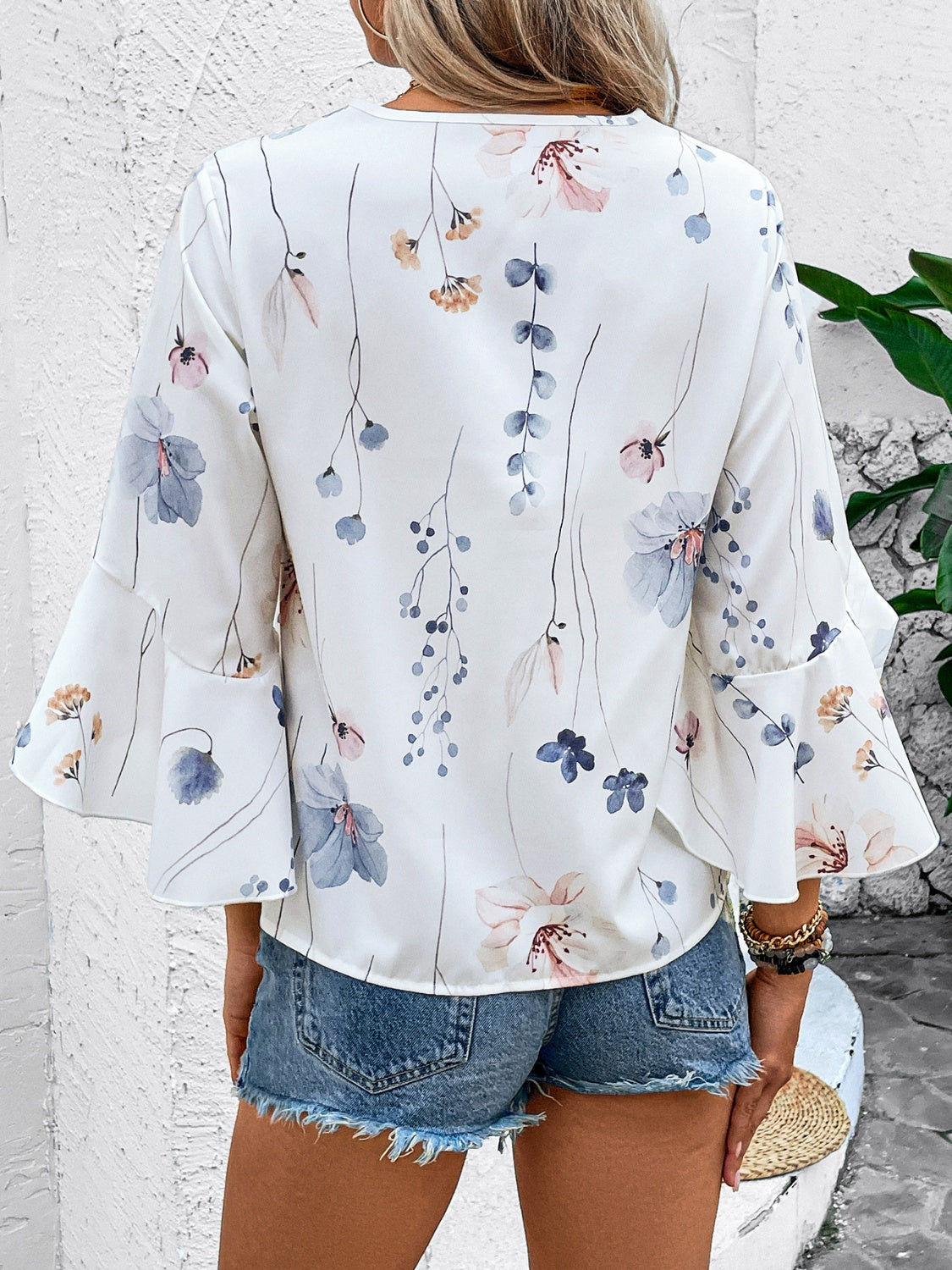 Honey Ruffled Printed V-Neck Half Sleeve Blouse - The Goddess Galleries