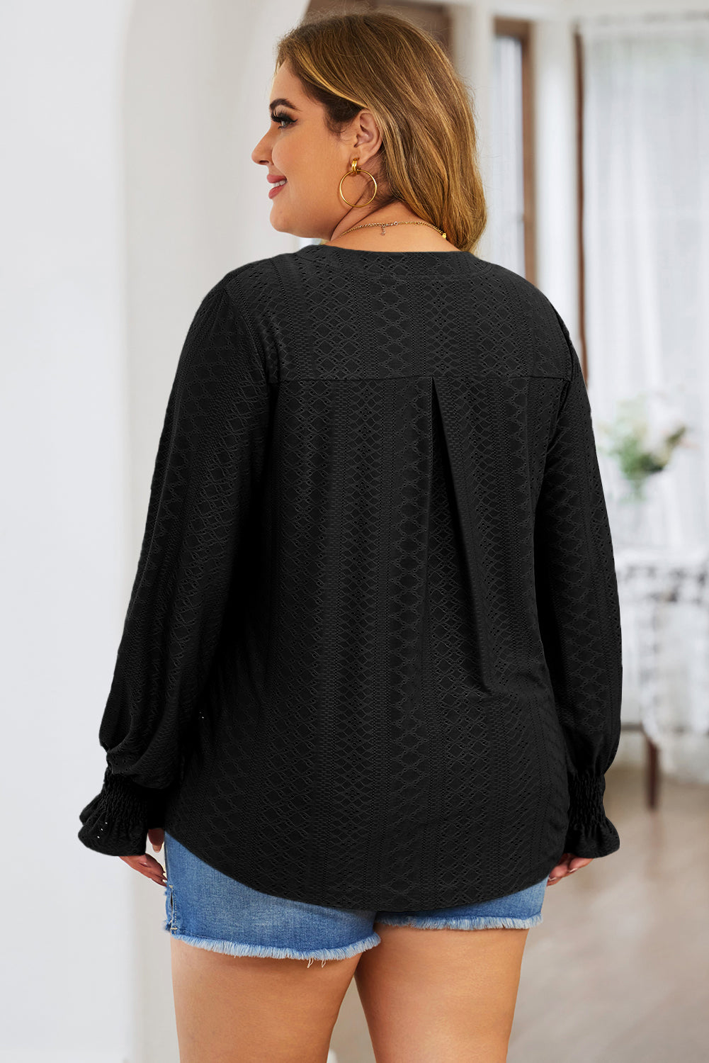 Plus Size Eyelet Notched Flounce Sleeve Blouse - The Goddess Galleries
