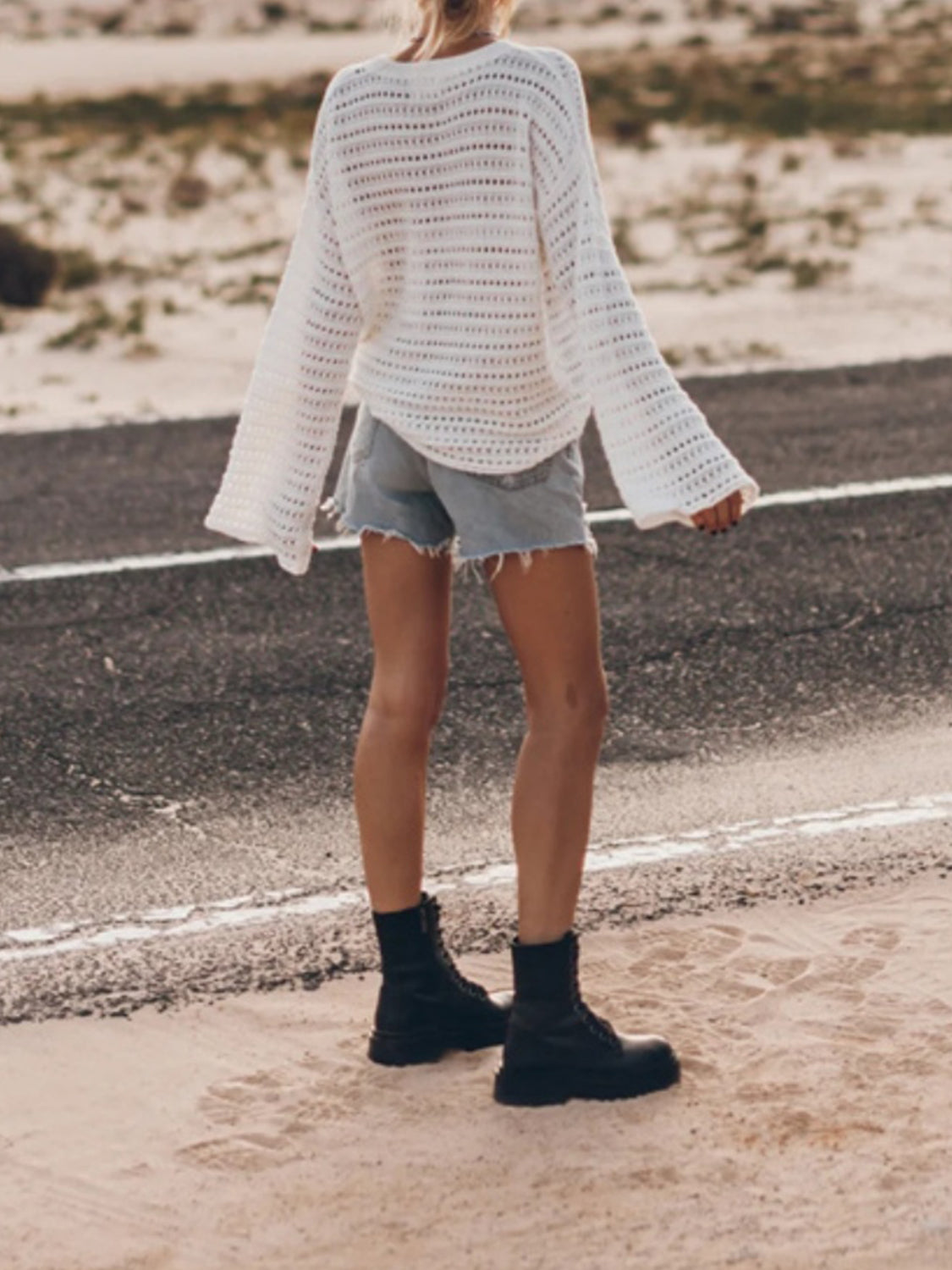 Openwork Round Neck Dropped Shoulder Knit Top - The Goddess Galleries