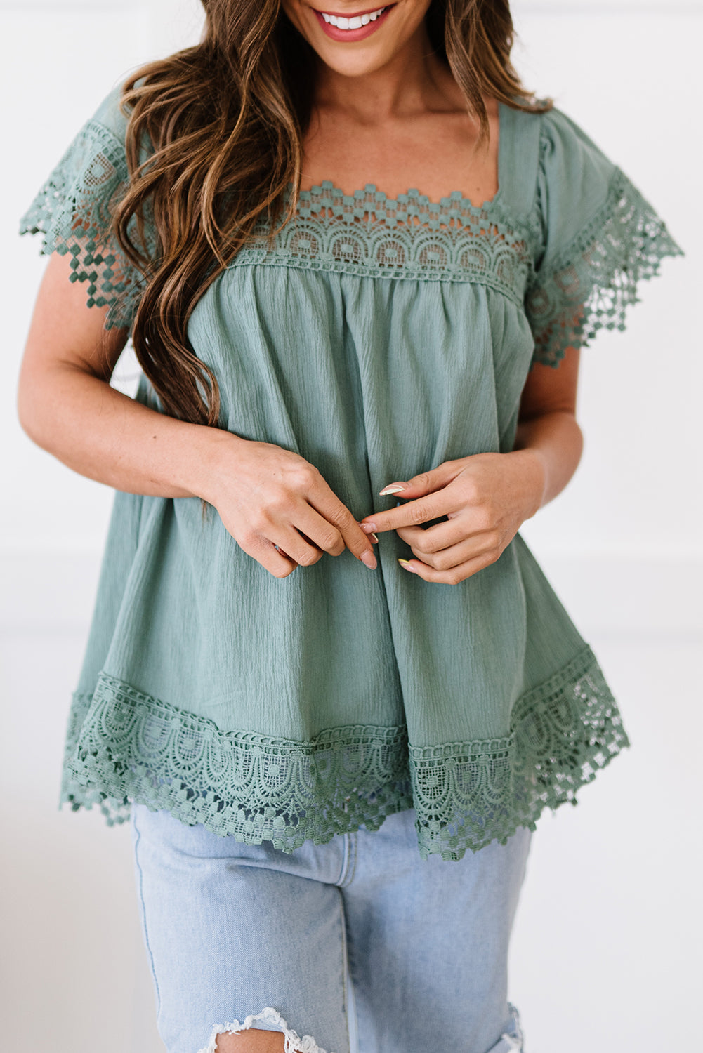 Lace Detail Square Neck Short Sleeve Blouse - The Goddess Galleries