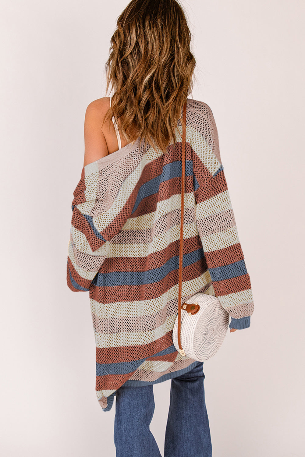 Full Size Striped Long Sleeve Openwork Cardigan - The Goddess Galleries