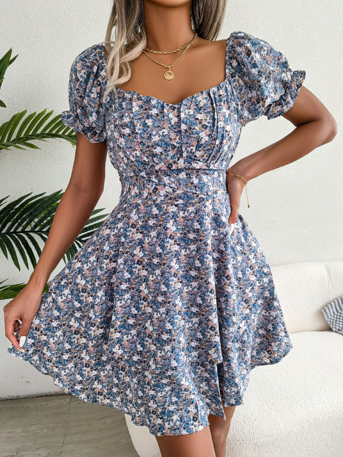 Floral Sweetheart Neck Flounce Sleeve Mini Dress - The Goddess Galleries