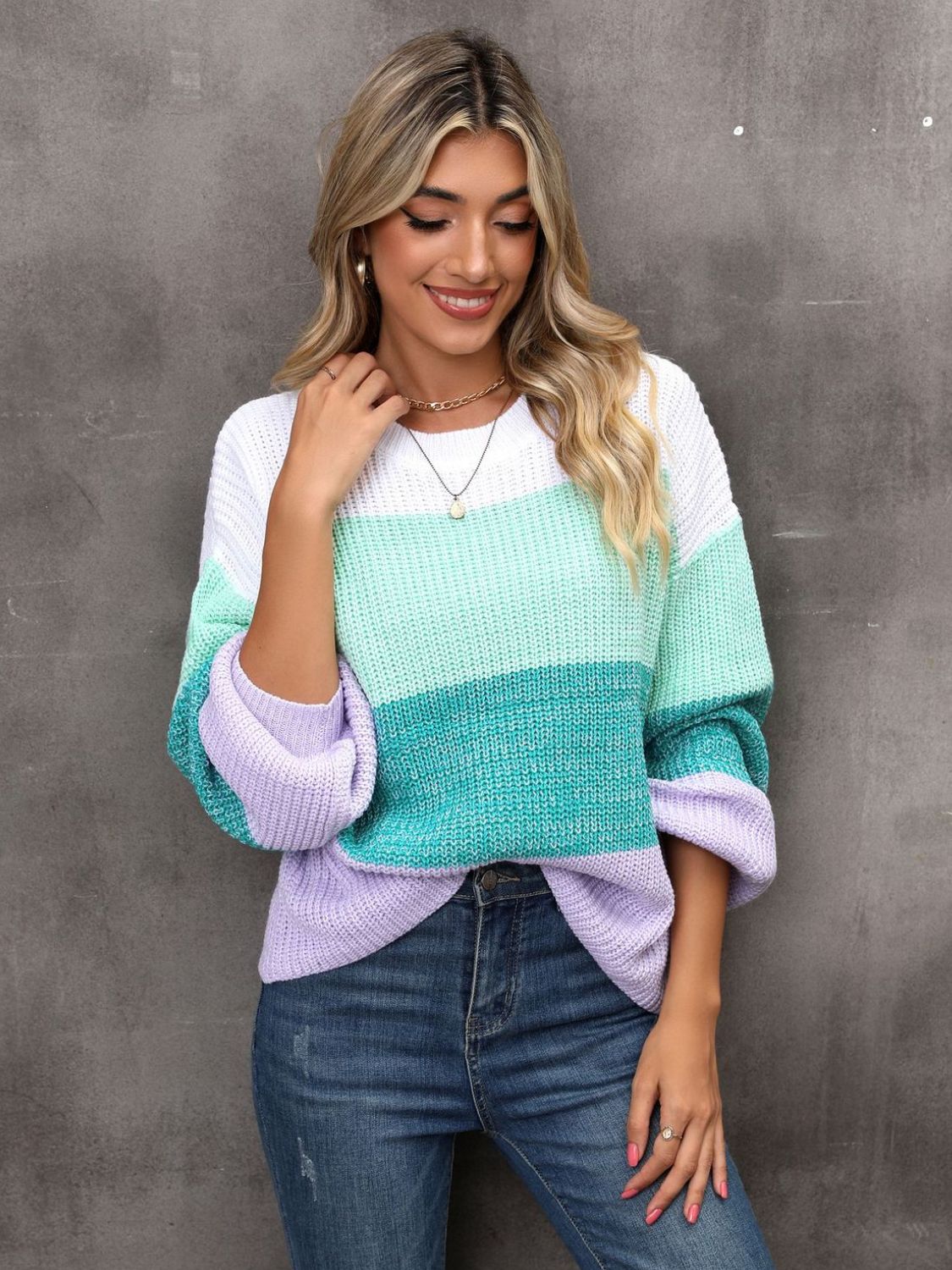 Round Neck Color Block Ribbed Pullover Sweater - The Goddess Galleries