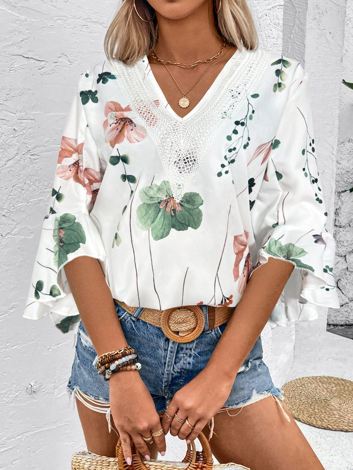 Honey Ruffled Printed V-Neck Half Sleeve Blouse - The Goddess Galleries