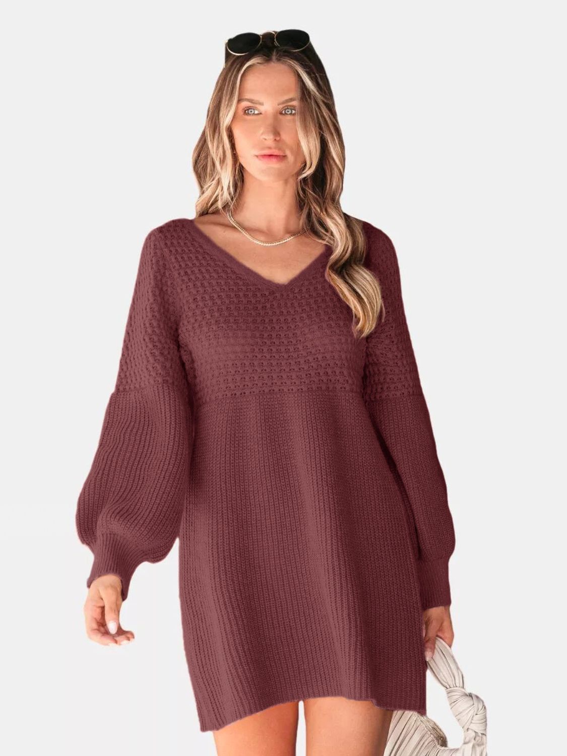 Perfee V-Neck Long Sleeve Sweater Dress - The Goddess Galleries
