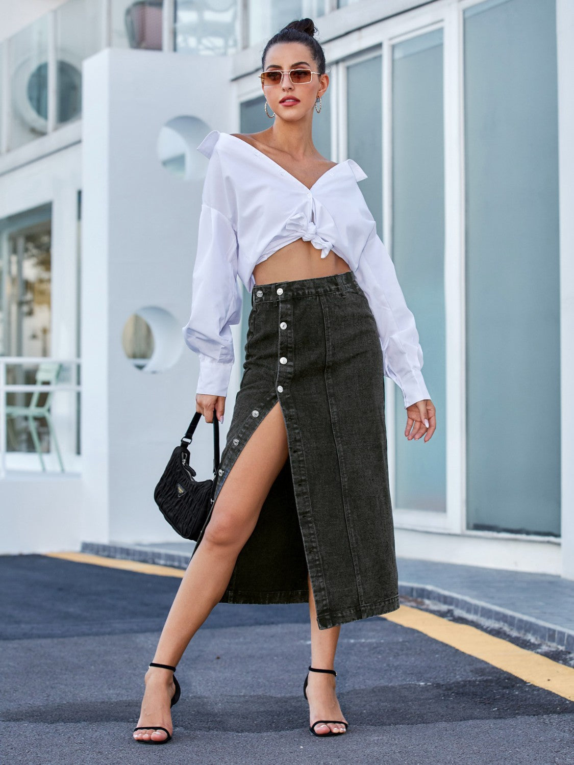 Button Down Denim Skirt - The Goddess Galleries
