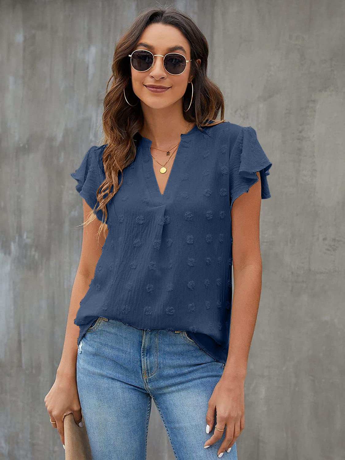 Swiss Dot Notched Flutter Sleeve Blouse - The Goddess Galleries