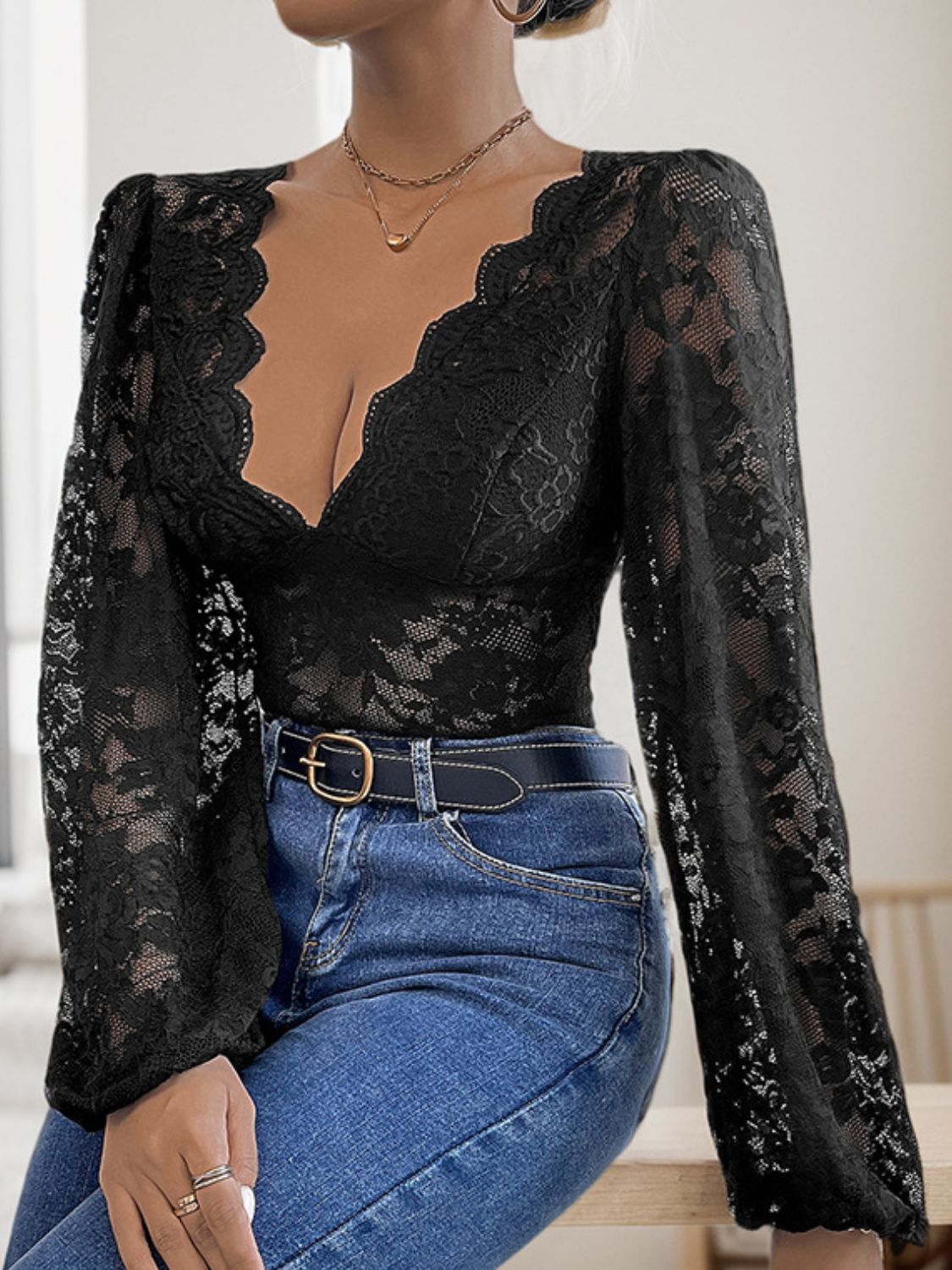 Perfee Lace Plunge Long Sleeve Bodysuit - The Goddess Galleries