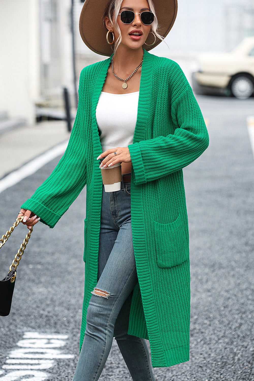 Dropped Shoulder Long Sleeve Cardigan with Pocket - The Goddess Galleries