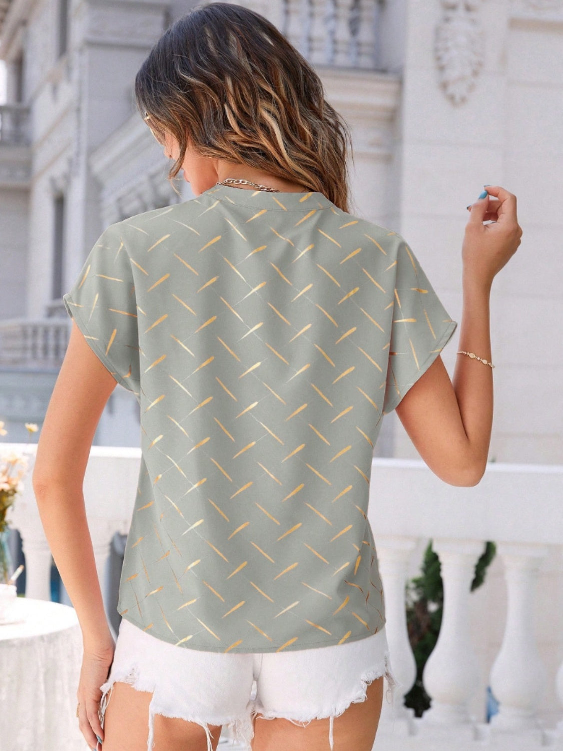 Printed Notched Short Sleeve Blouse - The Goddess Galleries