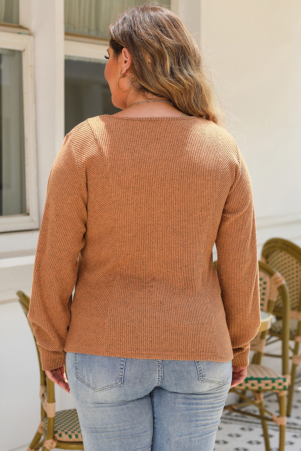 Plus Size Ribbed Scoop Neck Long Sleeve T-Shirt - The Goddess Galleries