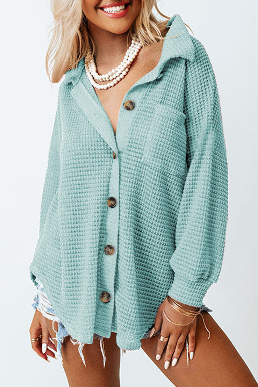 Waffle-Knit Collared Neck Long Sleeve Shirt - The Goddess Galleries