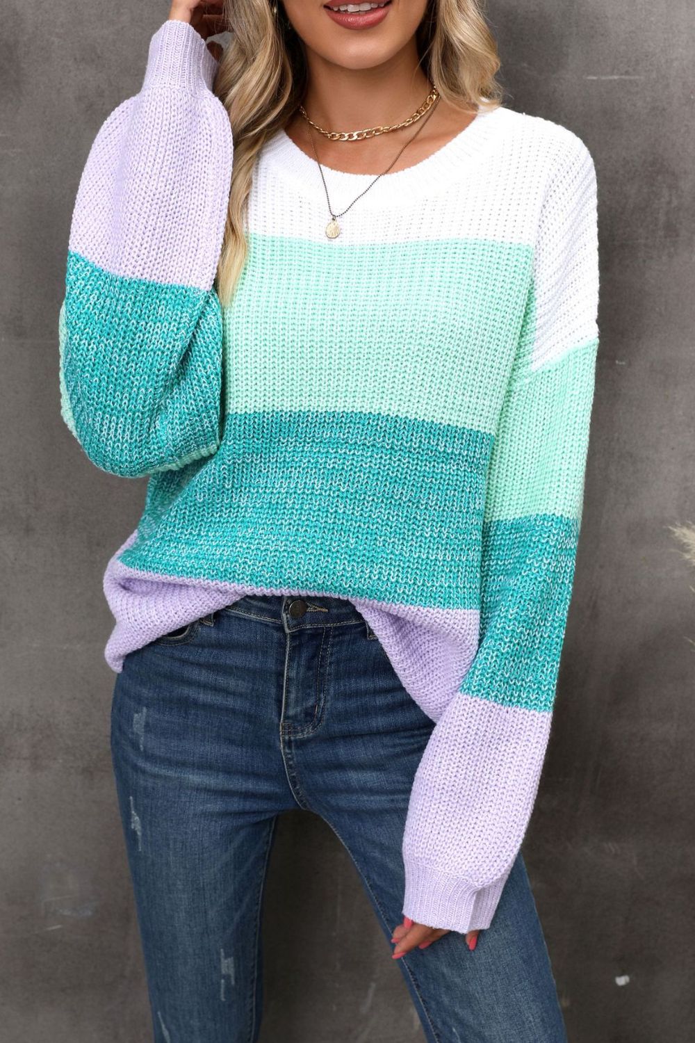 Round Neck Color Block Ribbed Pullover Sweater - The Goddess Galleries