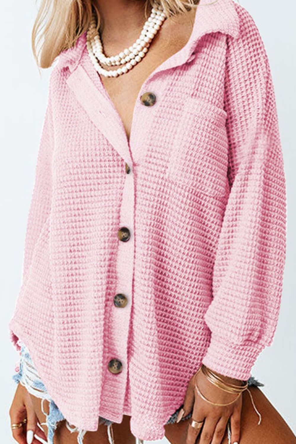 Waffle-Knit Collared Neck Long Sleeve Shirt - The Goddess Galleries